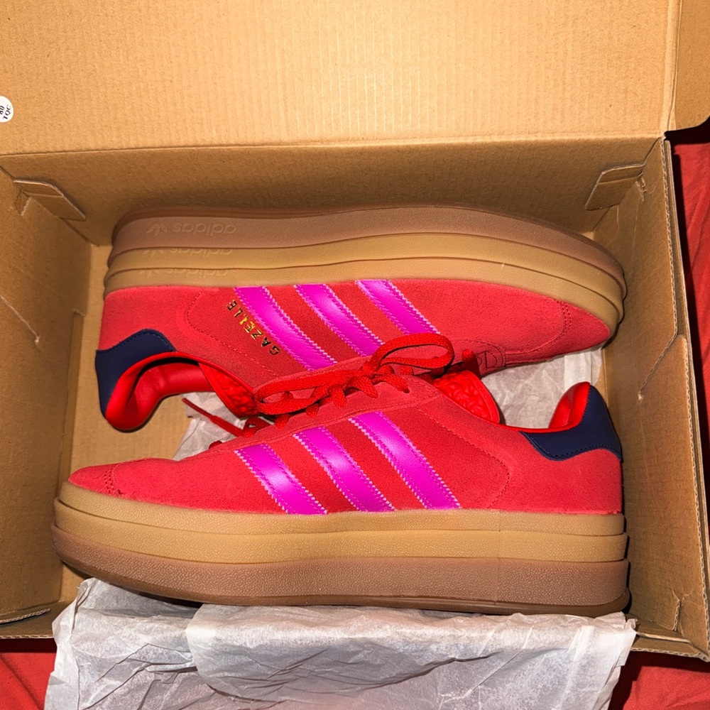 Adidas Red Sneakers with Pink Stripes